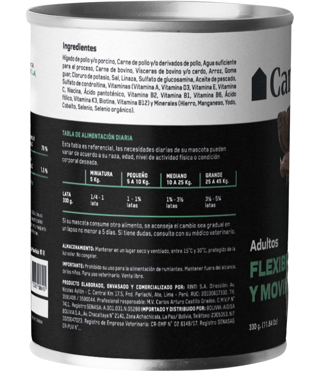 Canbo Paté Flexibilidad y Movilidad, adultos – lata posterior (tabla de alimentación)