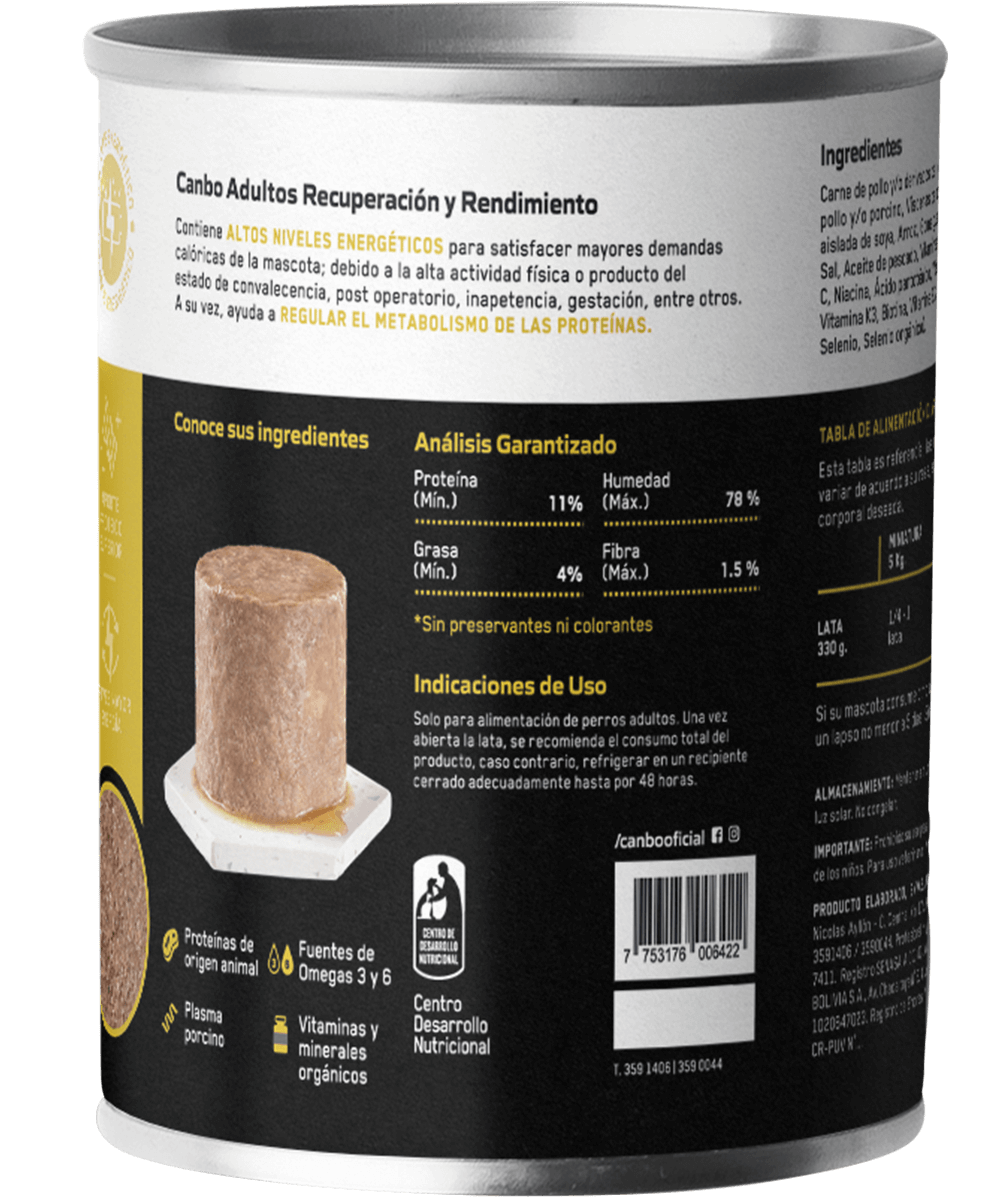 Canbo Paté Recuperación y Rendimiento, adultos – lata posterior (información nutricional)