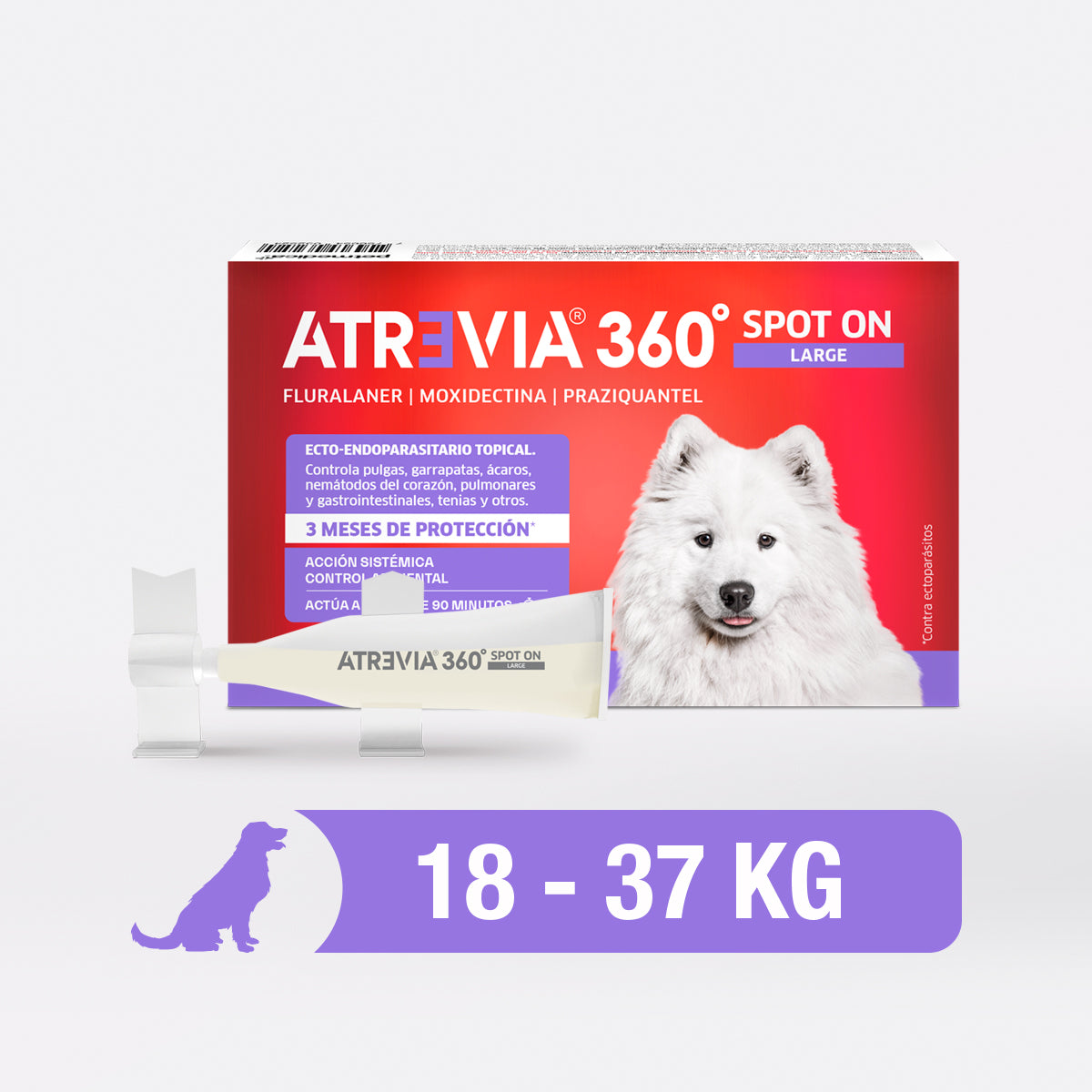 Agrovet Market | Atrevia 360° Spot On pipeta antiparasitaria interna y externa para perros (5 pipetas) – Large · perros de 18 a 37 kg