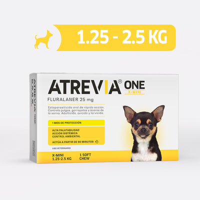 Agrovet Market | Atrevia ONE fluralaner antipulgas y antigarrapatas mensual para perros (1 tableta masticable) – X-Mini · perros de 1,25 a 2,5 kg