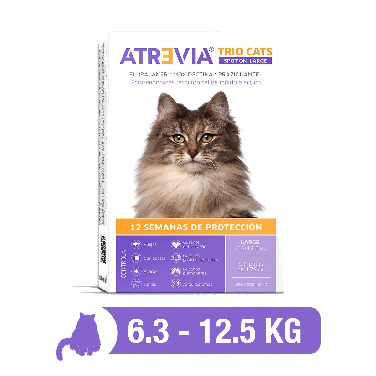 Agrovet Market | Atrevia Trio Cats pipeta antiparasitaria interna y externa para gatos (1 pipeta) – Large · gatos de 6,3 a 12,5 kg