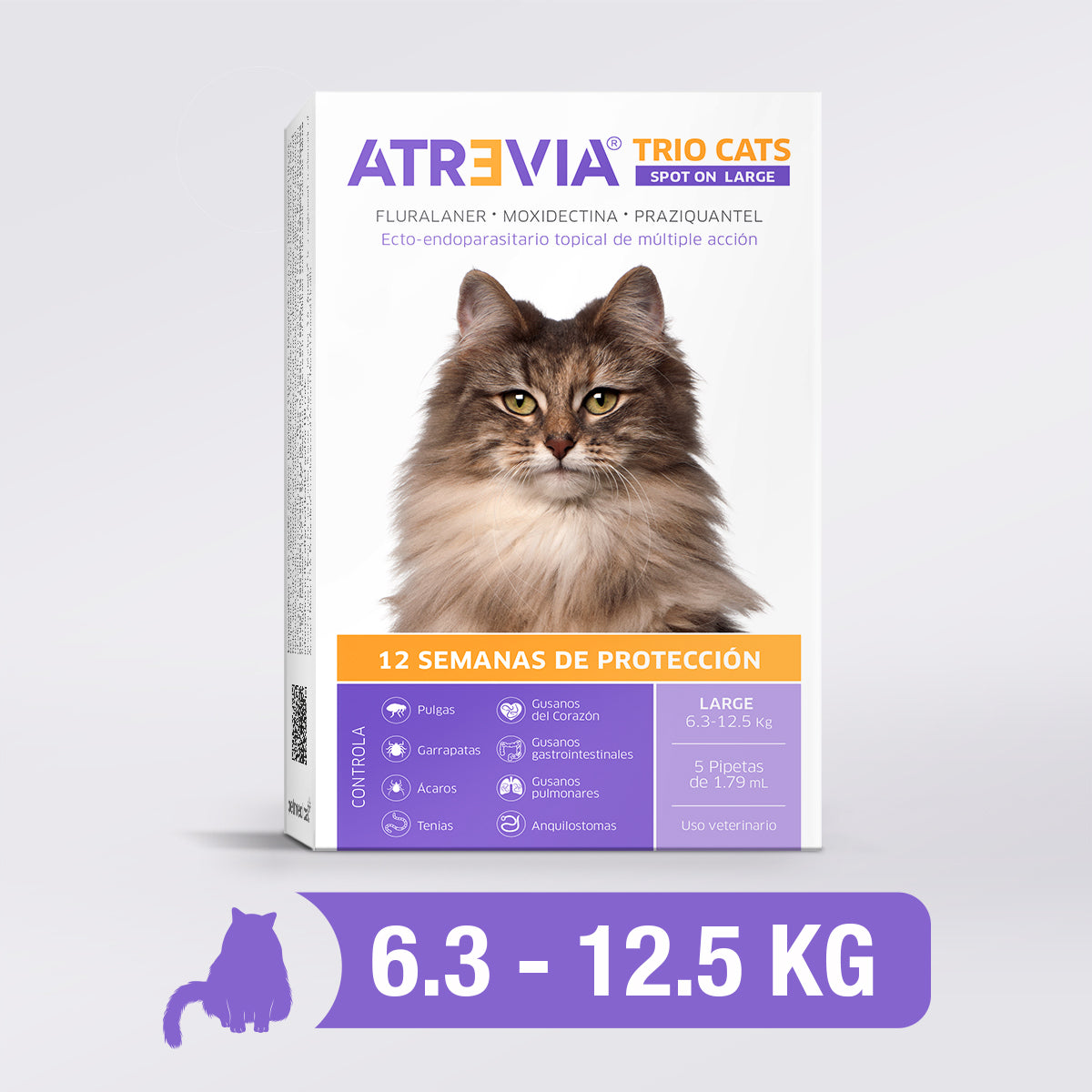 Agrovet Market | Atrevia Trio Cats pipeta antiparasitaria interna y externa para gatos (5 pipetas) – Large · gatos de 6,3 a 12,5 kg