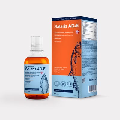 Agrovet Market | Salaris AD3E aceite de salmón noruego con vitaminas A, D3 y E para perros y gatos – Frasco de 180 ml, Frasco de 350 ml