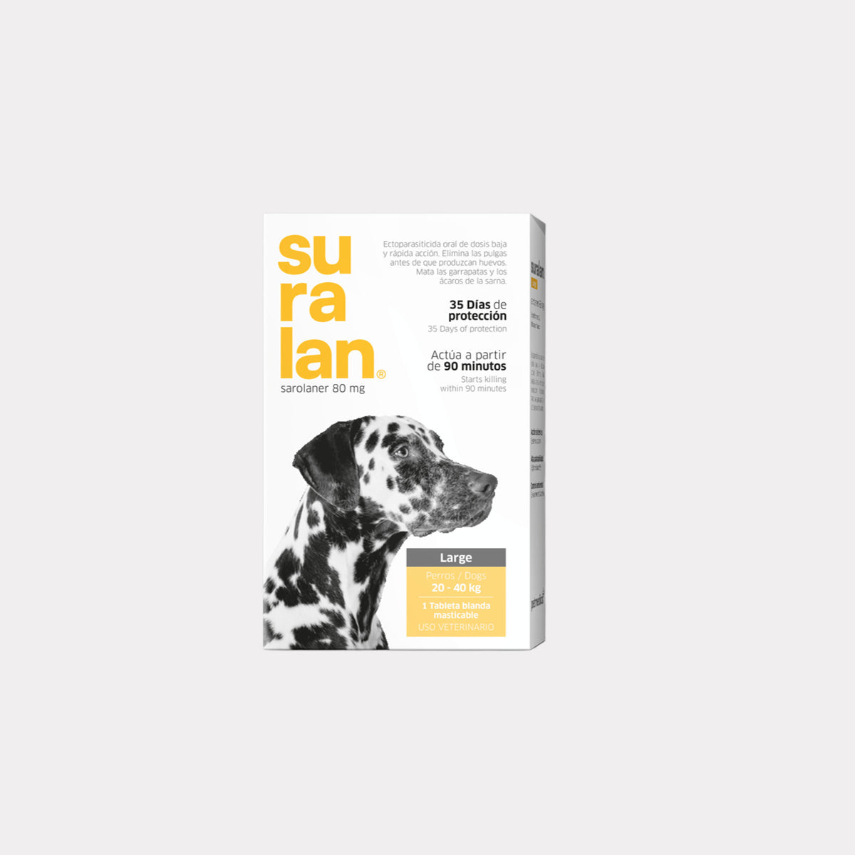 Agrovet Market | Suralan sarolaner antipulgas y antigarrapatas para perros (4 tabletas masticables) – Large · perros de 20 a 40 kg