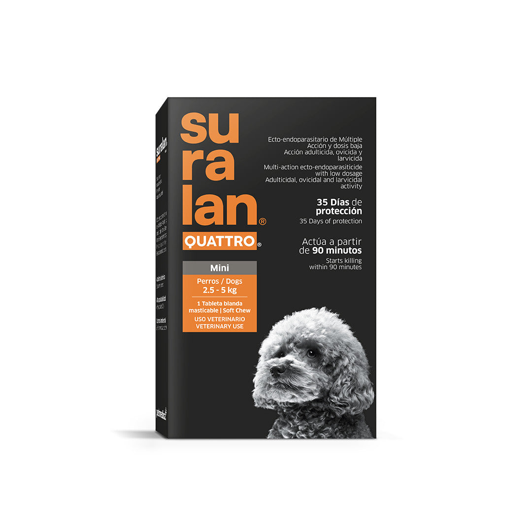 Agrovet Market | Suralan Quattro antiparasitario interno y externo para perros (1 tableta masticable) – Mini · perros de 2,5 a 5 kg