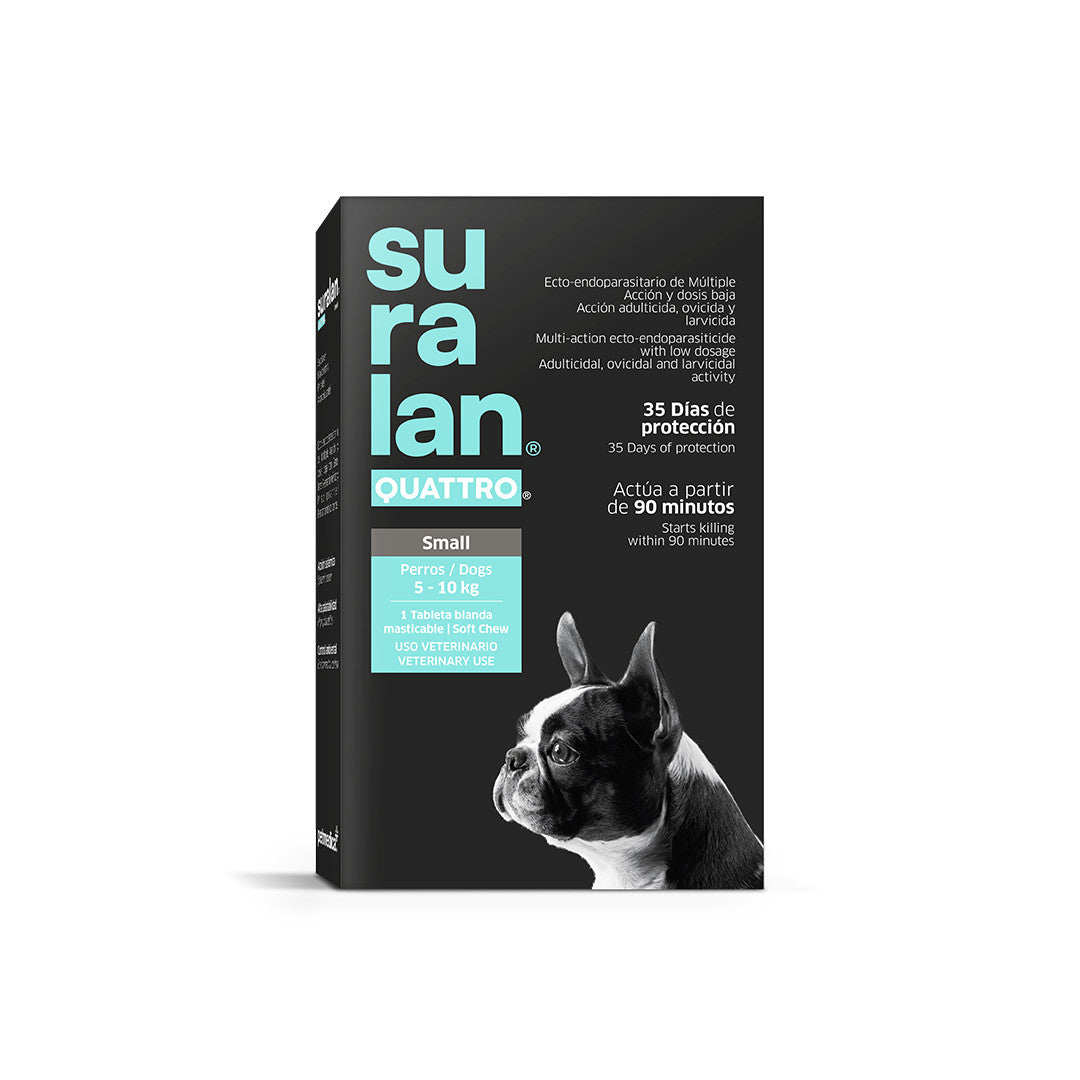 Agrovet Market | Suralan Quattro antiparasitario interno y externo para perros (1 tableta masticable) – Small · perros de 5 a 10 kg
