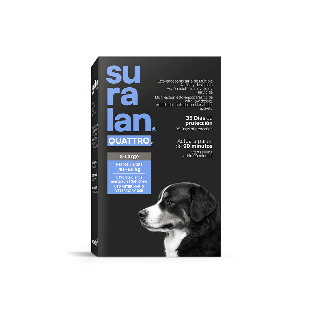 Agrovet Market | Suralan Quattro antiparasitario interno y externo para perros (1 tableta masticable) – X-Large · perros de 40 a 60 kg