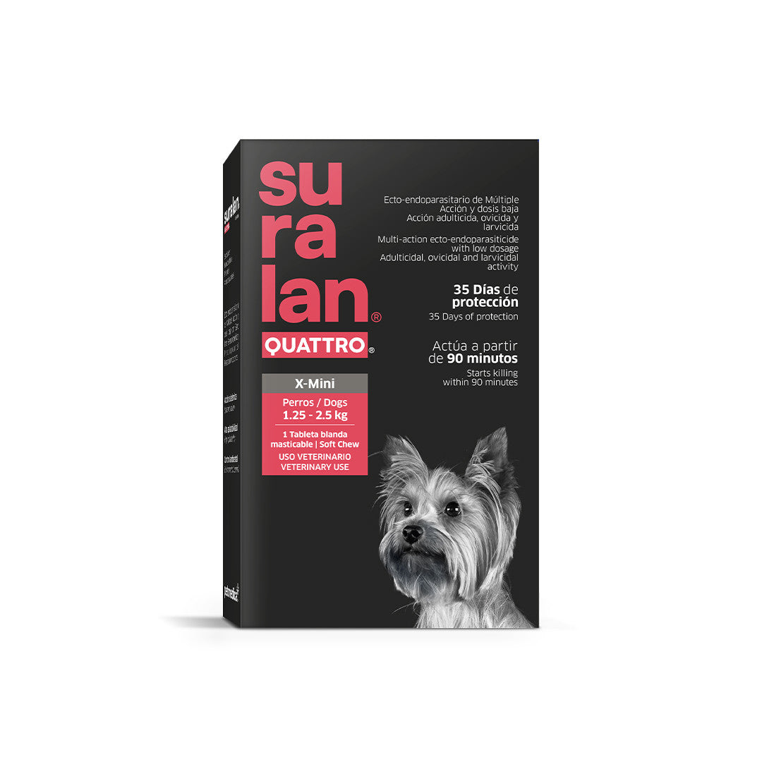 Agrovet Market | Suralan Quattro antiparasitario interno y externo para perros (1 tableta masticable) – X-Mini · perros de 1,25 a 2,5 kg
