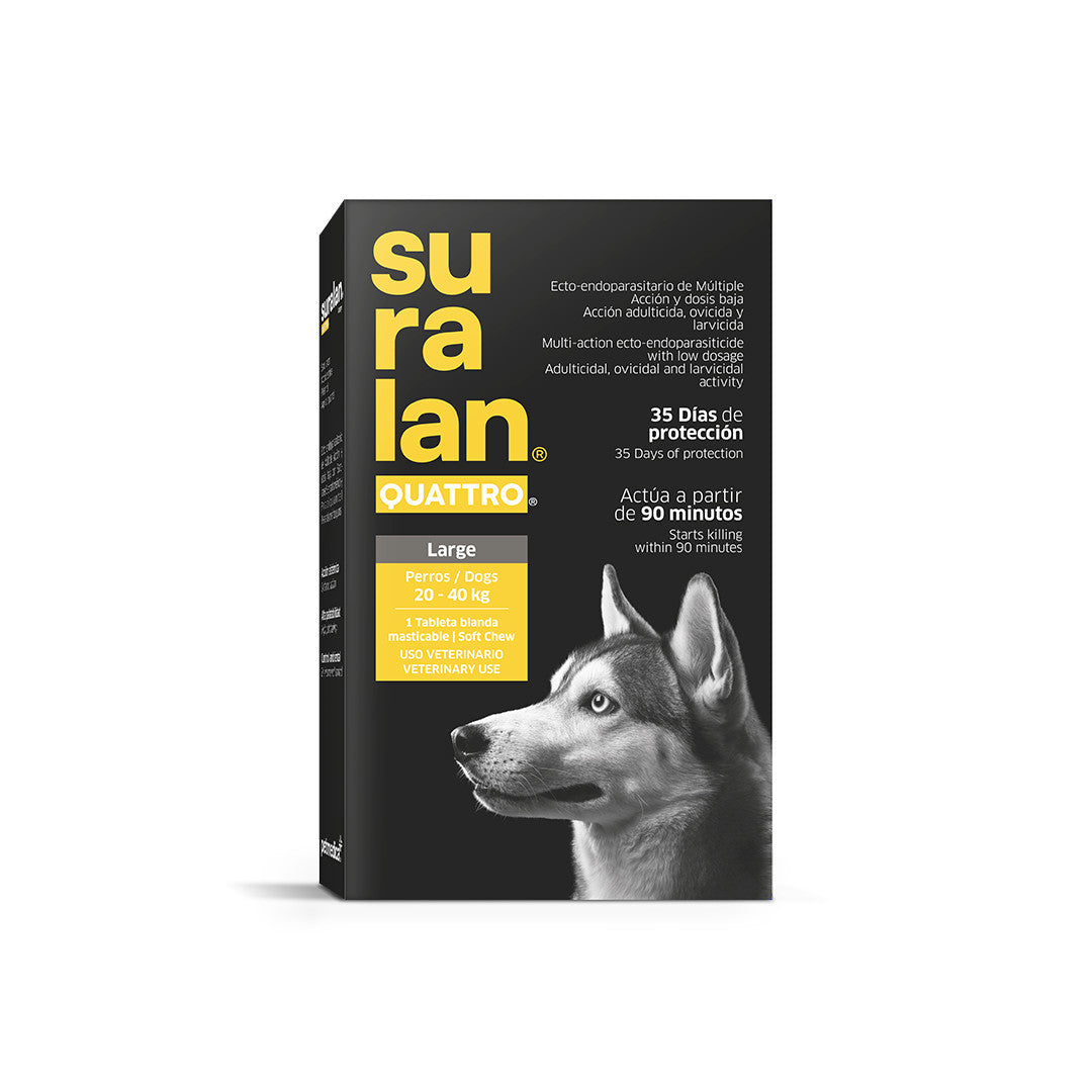 Agrovet Market | Suralan Quattro antiparasitario interno y externo para perros (4 tabletas masticables) – Large · perros de 20 a 40 kg