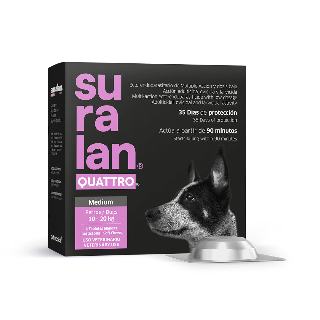 Agrovet Market | Suralan Quattro antiparasitario interno y externo para perros (4 tabletas masticables) – Medium · perros de 10 a 20 kg