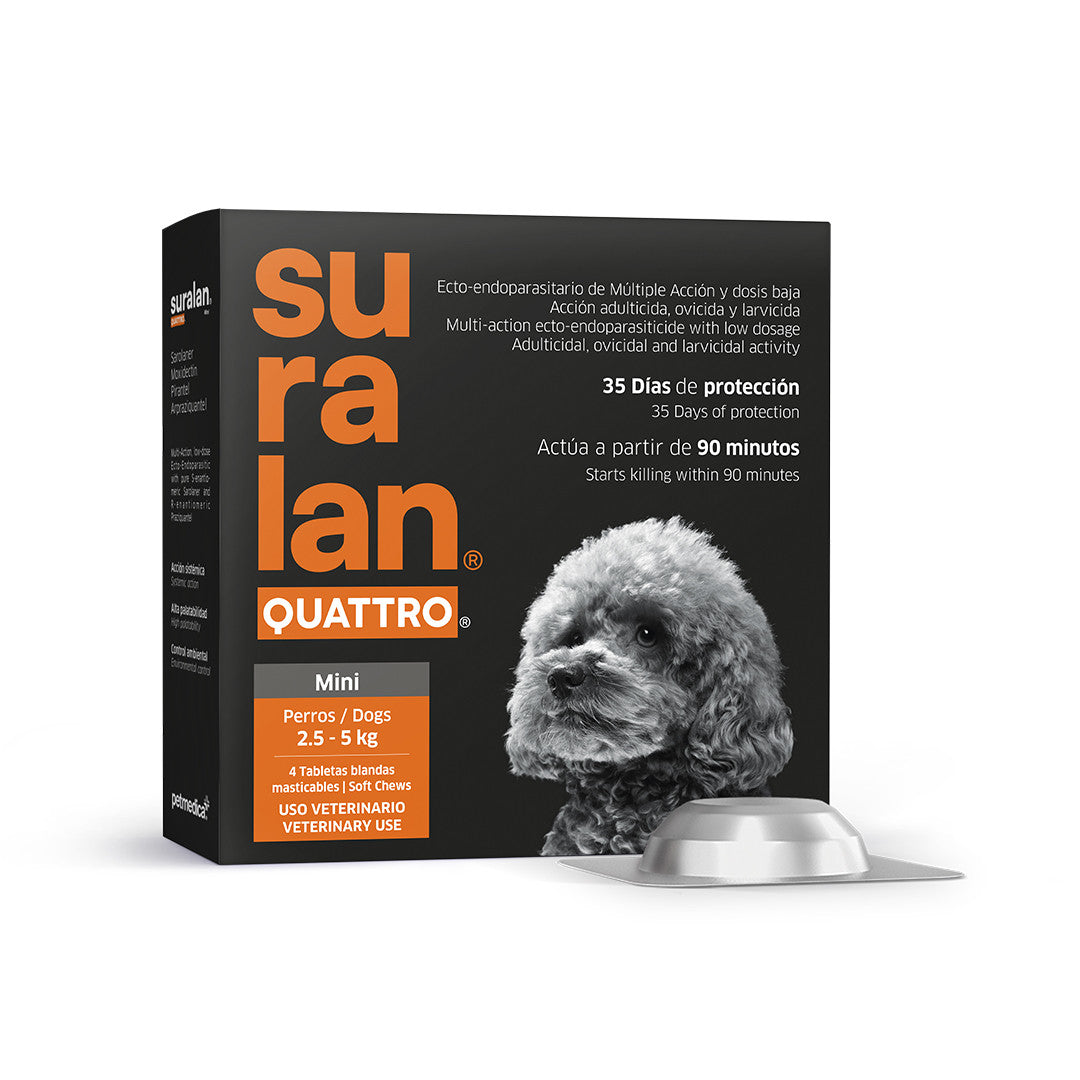 Agrovet Market | Suralan Quattro antiparasitario interno y externo para perros (4 tabletas masticables) – Mini · perros de 2,5 a 5 kg
