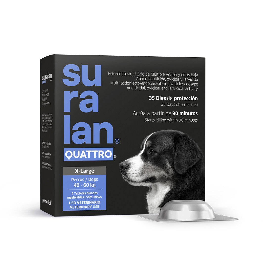 Agrovet Market | Suralan Quattro antiparasitario interno y externo para perros (4 tabletas masticables) – X-Large · perros de 40 a 60 kg