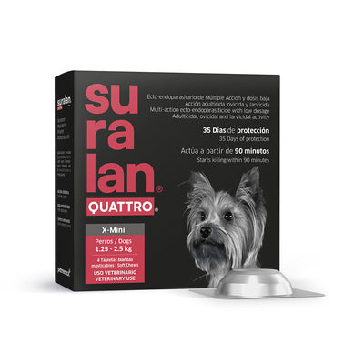 Agrovet Market | Suralan Quattro antiparasitario interno y externo para perros (4 tabletas masticables) – X-Mini · perros de 1,25 a 2,5 kg