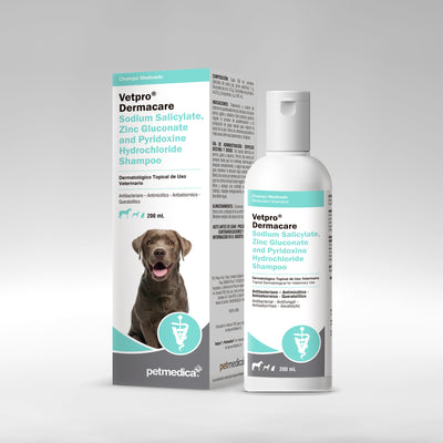Agrovet Market | Vetpro Dermacare shampoo con salicilato de sodio, zinc y piridoxina para perros y gatos – 200 ml, 400 ml