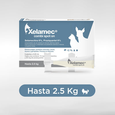 Agrovet Market | Xelamec Combi Spot On selamectina y praziquantel pipetas para perros y gatos (caja x 5) – Pipetas de 0,25 mL · hasta 2,5 kg