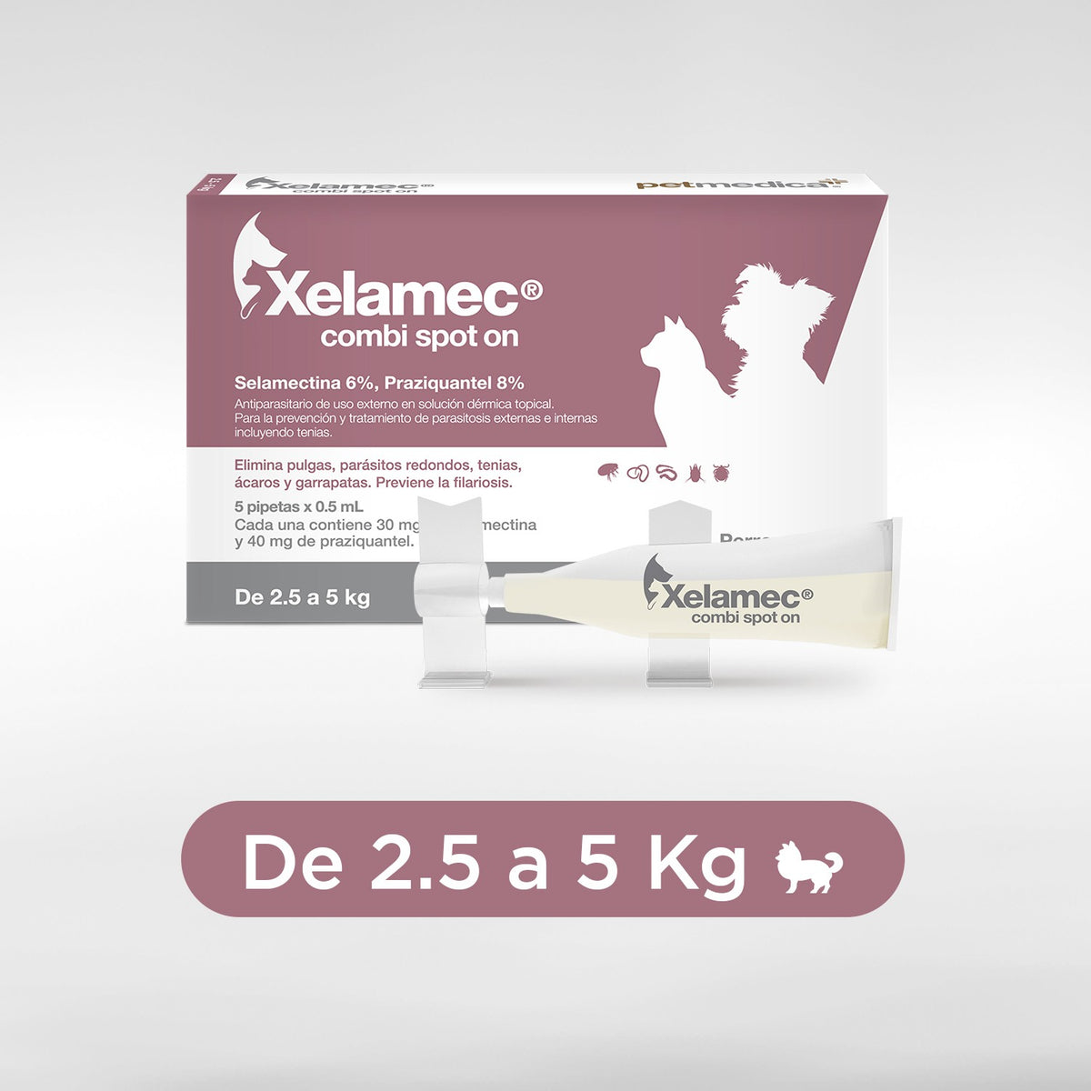 Agrovet Market | Xelamec Combi Spot On selamectina y praziquantel pipetas para perros y gatos (caja x 5) – Pipetas de 0,5 mL · 2,5 a 5 kg