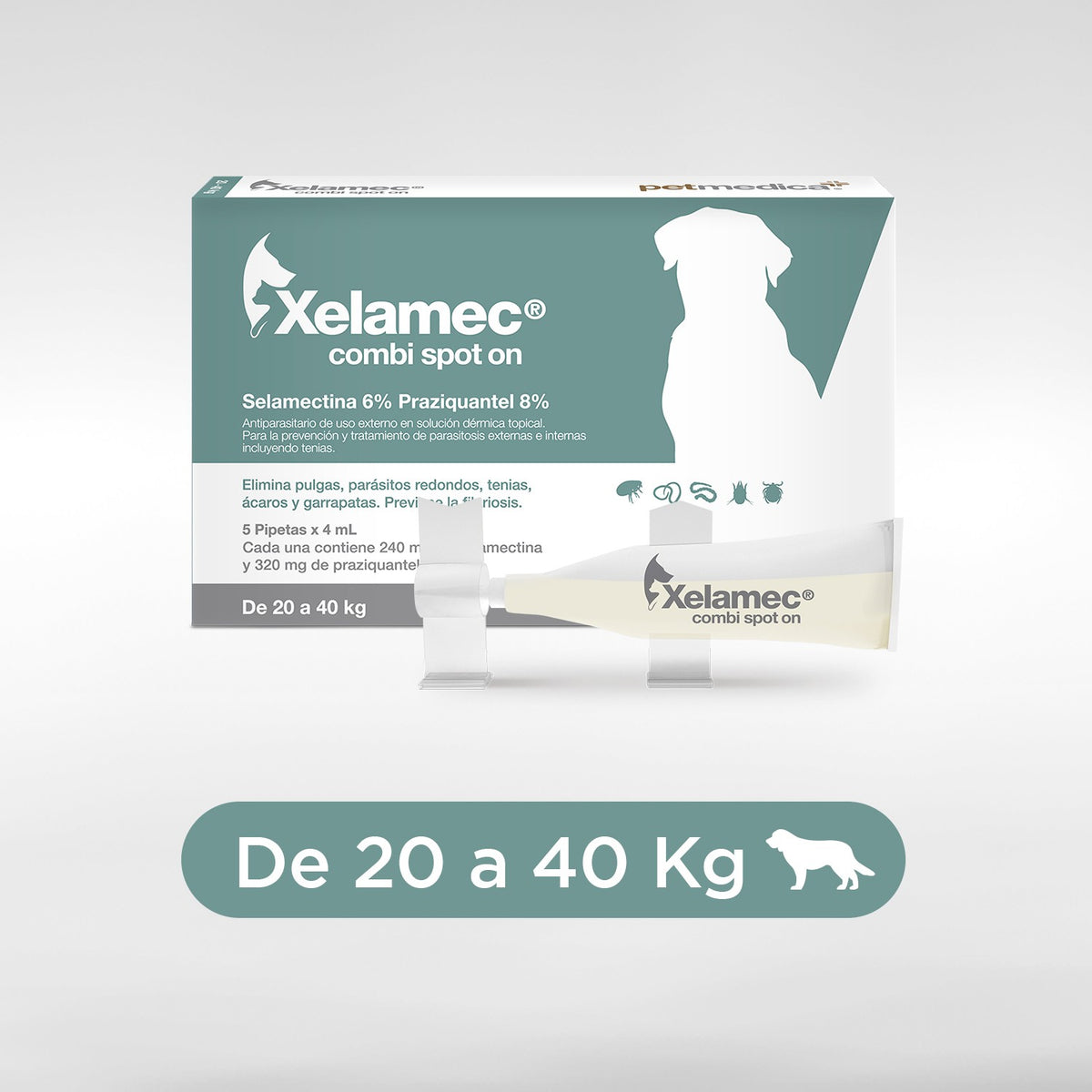 Agrovet Market | Xelamec Combi Spot On selamectina y praziquantel pipetas para perros y gatos (caja x 5) – Pipetas de 4 mL · 20 a 40 kg