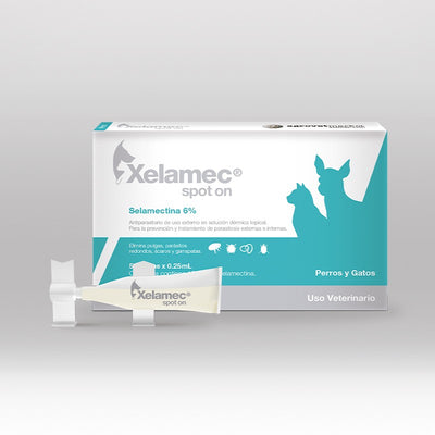 Agrovet Market | Xelamec Spot On selamectina pipetas antiparasitarias para perros y gatos (caja x 5) – Pipetas de 0,25 mL · hasta 2,5 kg y Pipetas de 0,5 mL · 2,6 a 5 kg y Pipetas de 1 mL · 5,1 a 10 kg