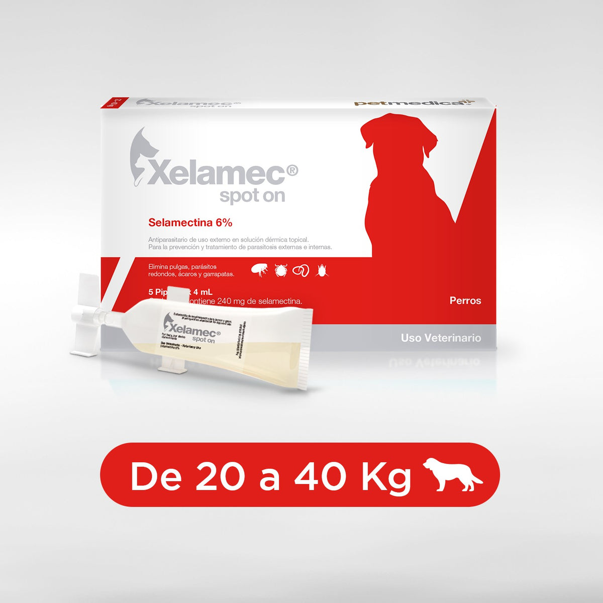 Agrovet Market | Xelamec Spot On selamectina pipetas antiparasitarias para perros y gatos (caja x 5) – Pipetas de 4 mL · 20,1 a 40 kg