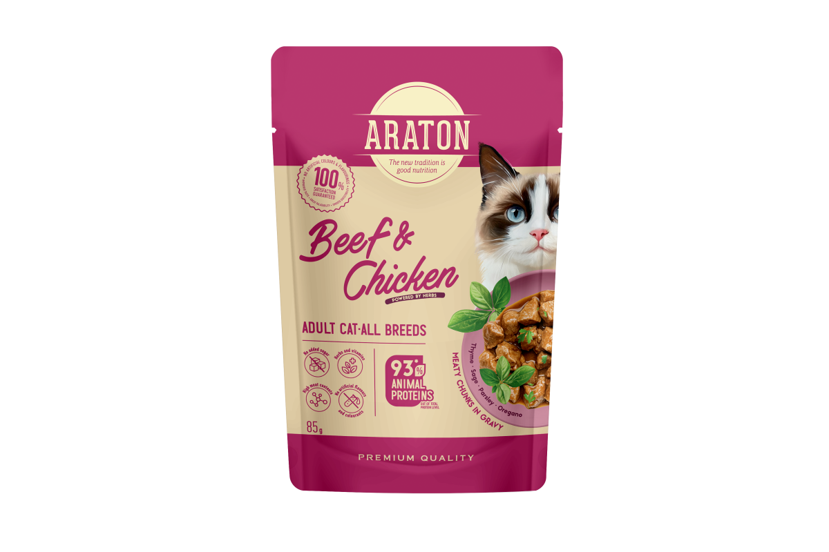 Araton | Alimento húmedo para gatos adultos Res y pollo – 85 g