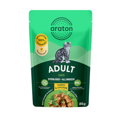 Araton Adult gatos esterilizados pavo y pollo, sobre de 85 g · envase frontal (nuevo diseño)