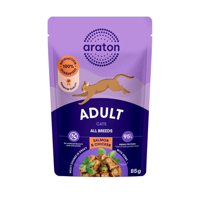 Araton Adult gatos salmón y pollo, sobre de 85 g · envase frontal (nuevo diseño)