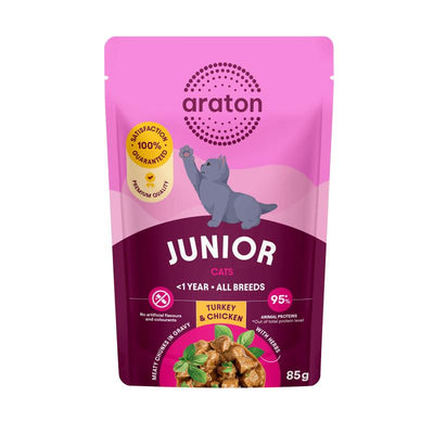 Araton Junior gatitos pavo y pollo, sobre de 85 g · envase frontal (nuevo diseño)