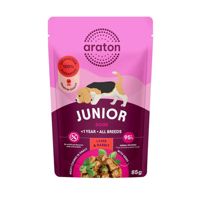 Araton Junior perros cordero y conejo, sobre de 85 g · envase frontal (nuevo diseño)