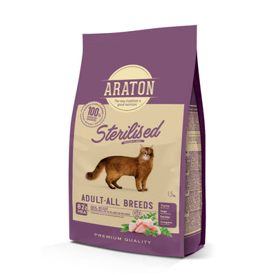 Araton | Alimento seco para gatos esterilizados Pollo, pato y pavo – 1.5 kg y 15 kg
