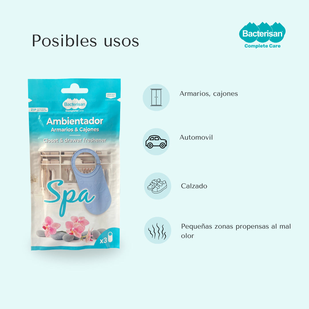 Bacterisan ambientador aroma Spa · posibles usos