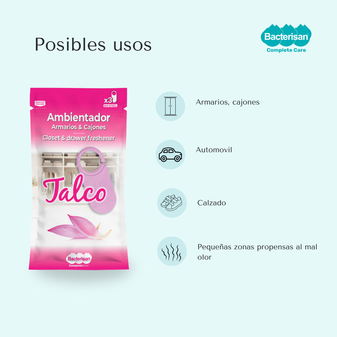 Bacterisan ambientador aroma Talco · posibles usos