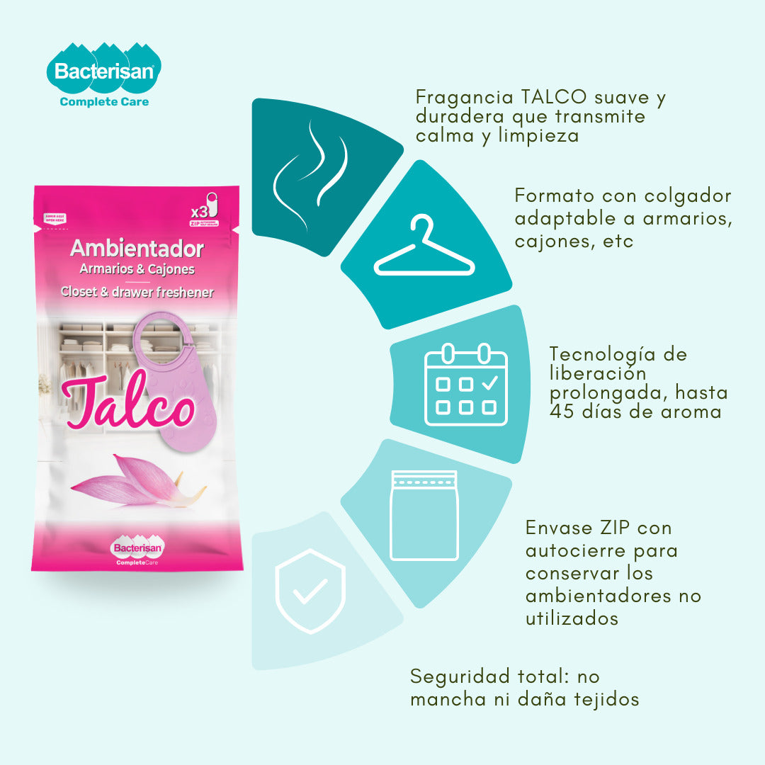 Bacterisan ambientador aroma Talco · ventajas