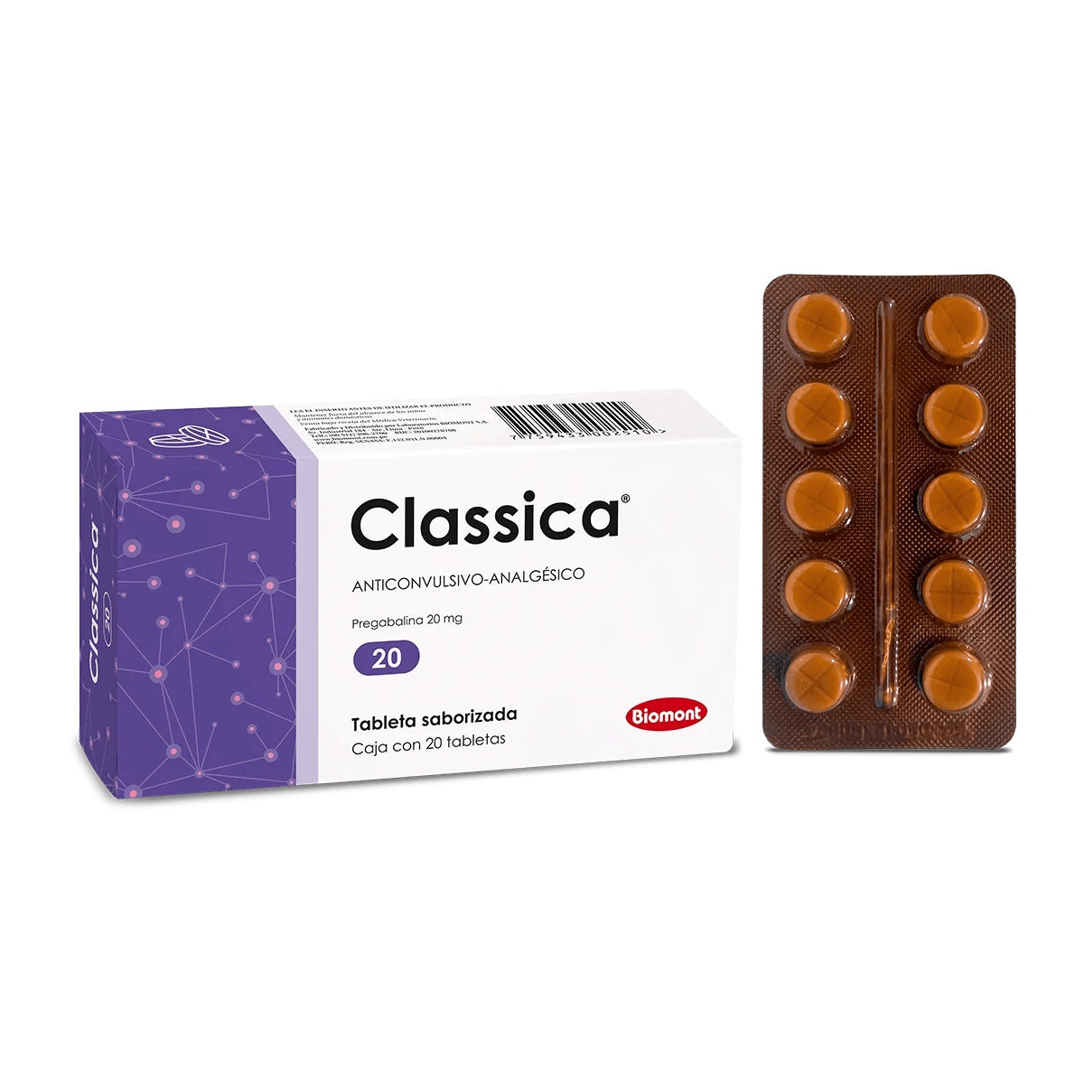 Biomont | Classica pregabalina 20 mg para perros y gatos (caja x 20 tabletas) – caja y tableta