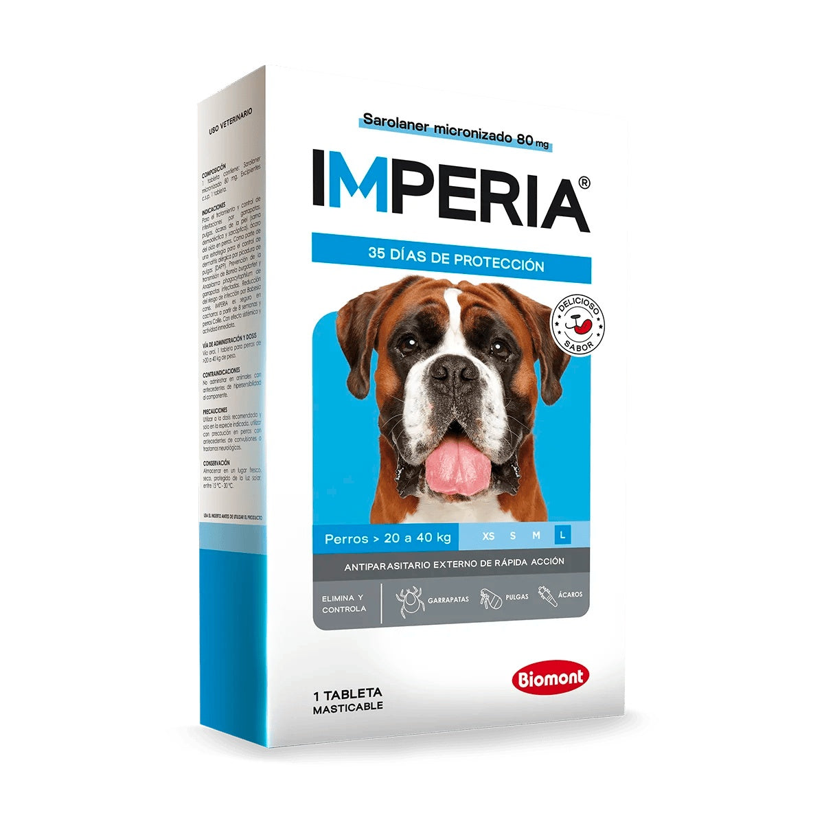 Biomont | Imperia sarolaner tableta masticable antipulgas y antigarrapatas para perros – Perros de 20 a 40 kg · 1 tableta de 80 mg