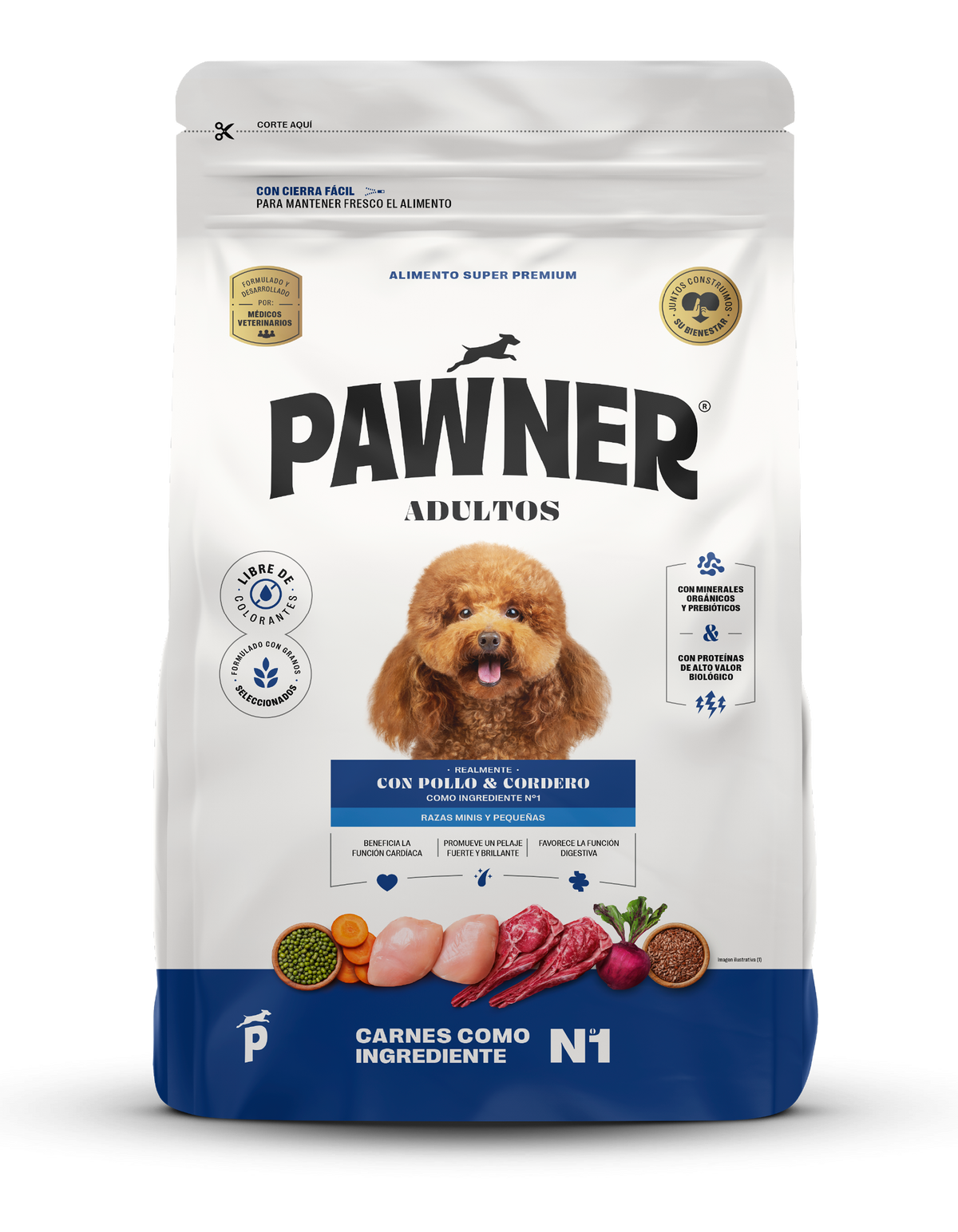 Pawner | Dog adultos razas mini y pequeñas con pollo y cordero – empaque frontal