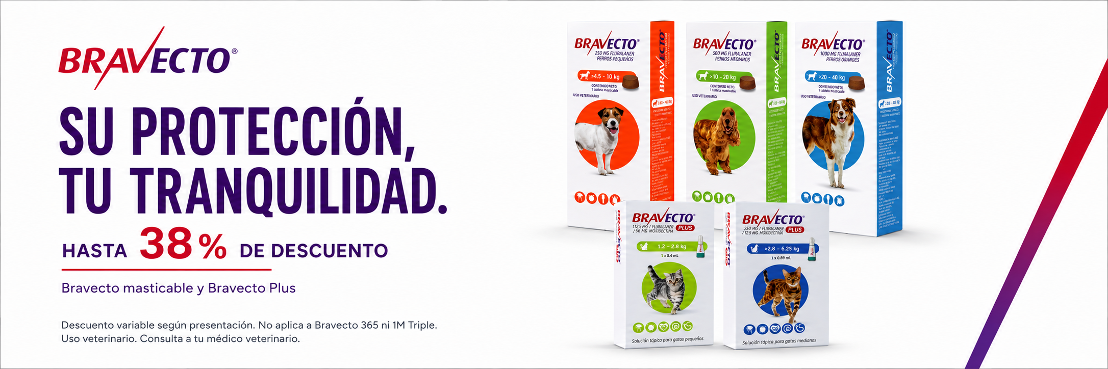 Bravecto masticable y Bravecto Plus: hasta 38% de descuento según presentación. No aplica a Bravecto 365 ni 1M Triple. Uso veterinario.