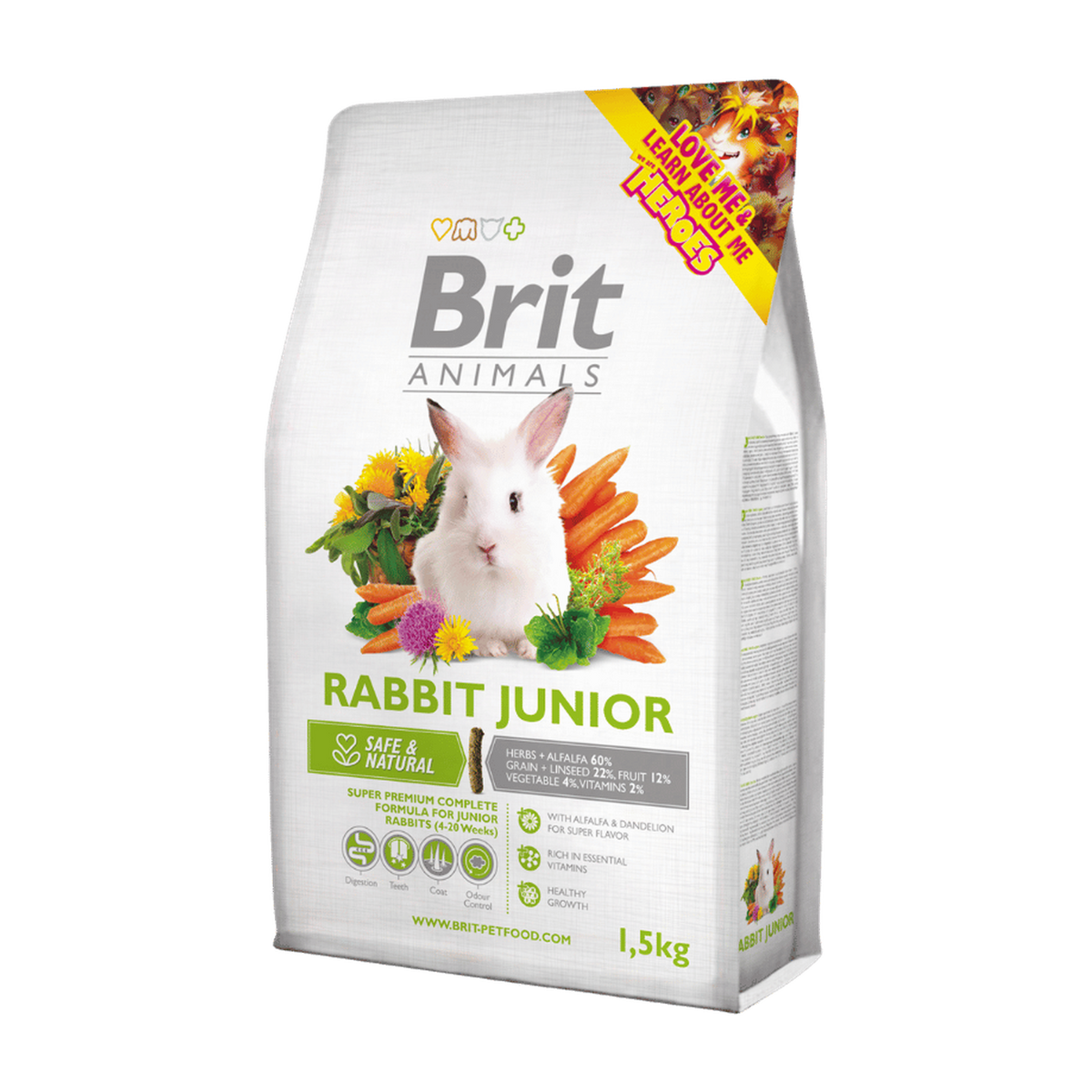 Brit Animals Rabbit Junior: imagen oficial de la fórmula, envase referencial de 1,5 kg; presentación ofrecida de 300 g