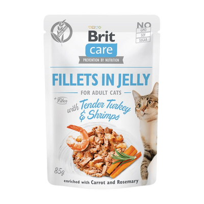 Brit Care Cat filetes de pavo y camarones en gelatina · envase frontal