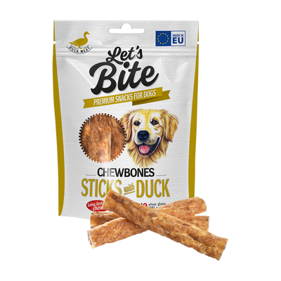 Brit Let’s Bite Chewbones Sticks with Duck · envase frontal con palitos