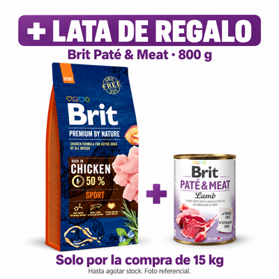 Brit Premium by Nature sport: por 1 saco de 15 kg, 1 lata Brit Paté & Meat de 800 g de regalo. Hasta agotar stock; foto referencial.