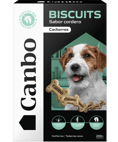 Canbo Biscuits sabor cordero cachorros – caja frontal