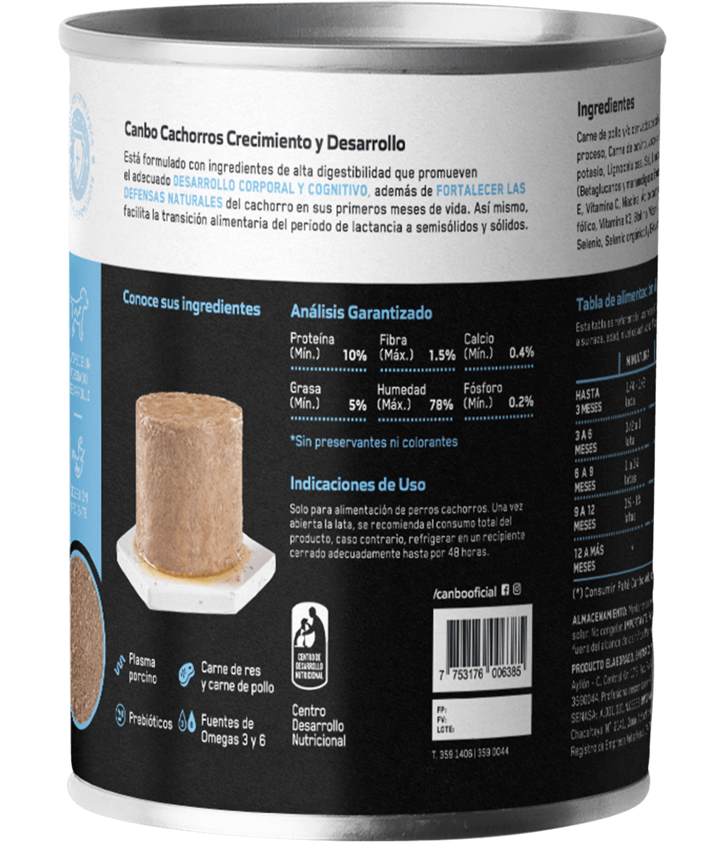 Canbo Paté Crecimiento y Desarrollo, cachorros – lata posterior (información nutricional)