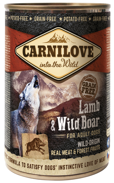 Carnilove cordero y jabalí para perros adultos, lata 400 g · envase frontal