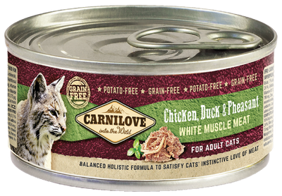 Carnilove pollo, pato y faisán para gatos adultos, lata 100 g · envase frontal