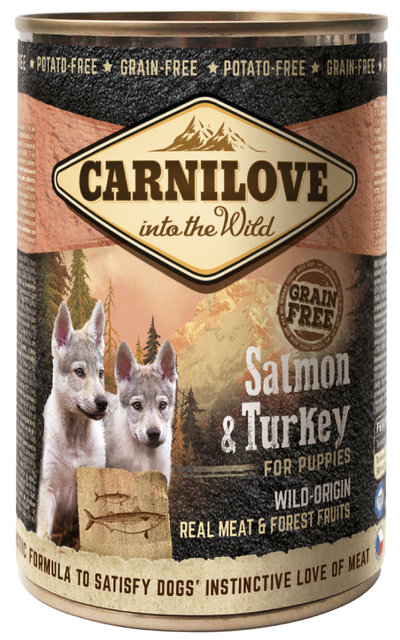 Carnilove salmón y pavo para cachorros, lata 400 g · envase frontal
