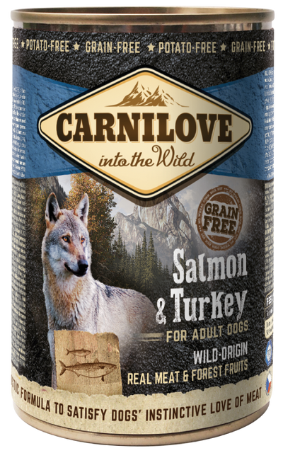 Carnilove salmón y pavo para perros adultos, lata 400 g · envase frontal