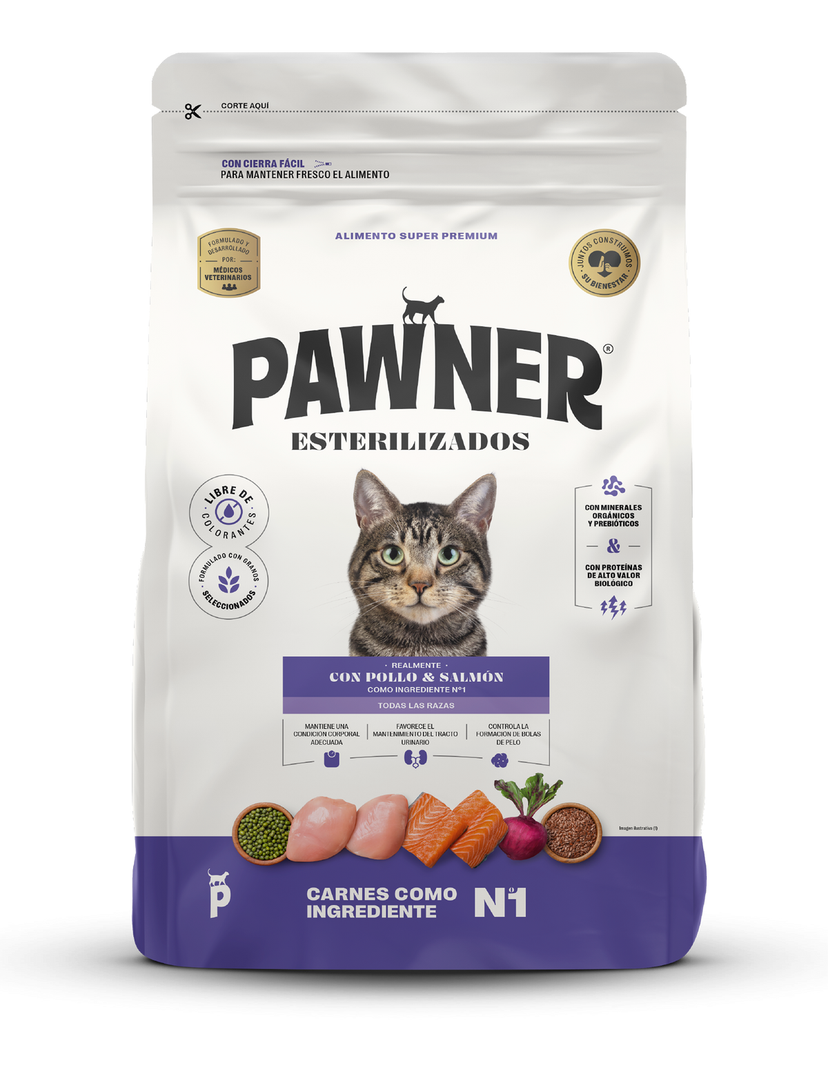 Pawner | Cat adultos esterilizados con pollo y salmón – empaque frontal