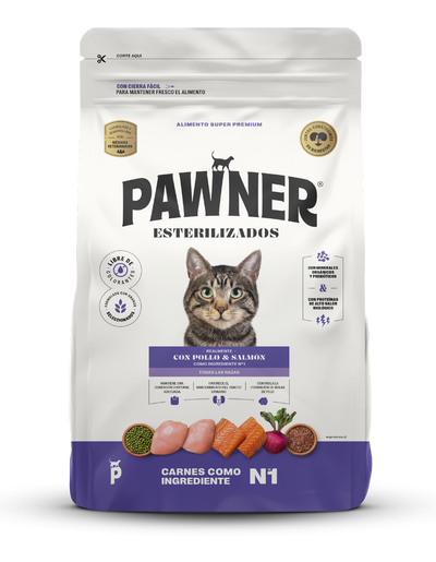 Pawner | Cat adultos esterilizados con pollo y salmón – empaque frontal