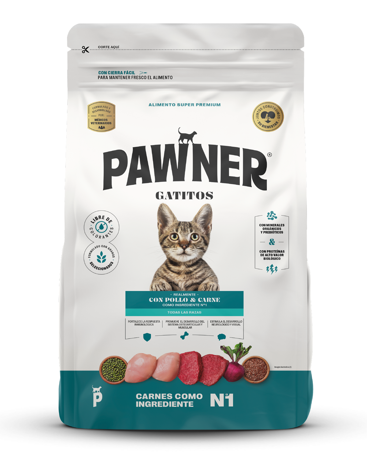 Pawner | Cat kitten todas las razas con pollo y carne – empaque frontal