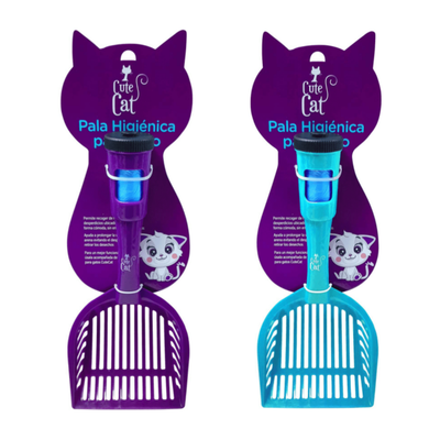 Cute Cat pala sanitaria con bolsas, colores morado y celeste